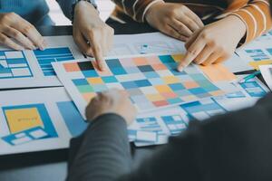 ux Graphic designer creative sketch planning application process development prototype wireframe for web mobile phone . User experience concept. photo