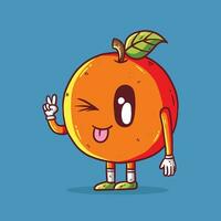 Adorable cartoon vector illustration of Orange fruit mascot in peace hand gesture. Orange fruit mascot character. Orange vector