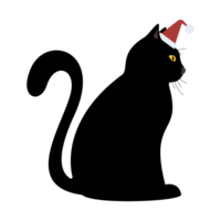 Black cat wearing Santa hat sitting side view isolated  flat design. png