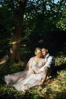 wedding walk of the bride and groom in a coniferous in elven accessories photo