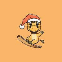 Cute giraffe snowboarding on christmas cartoon illustration vector