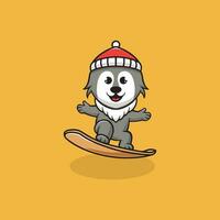 Cute wolf snowboarding at christmas cartoon illustration vector