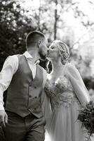 wedding walk of the bride and groom in a coniferous in elven accessories photo