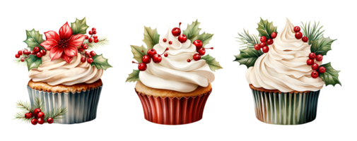 Christmas cupcake watercolor clipart illustration with isolated background. AI Generative png