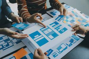 ux Graphic designer creative sketch planning application process development prototype wireframe for web mobile phone . User experience concept. photo
