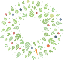 Round frame of berries, fruits and vegetables, green leaves and twigs in flat png