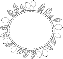 Cranberries rounded frame - berries and leaves, and place for text, sketch illustration black and white silhouette png