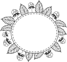 Rounded frame with blackberry leaves and berries, sketch illustration drawing with black outline png