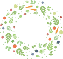 Round frame of berries, fruits and vegetables, green leaves and twigs in flat png
