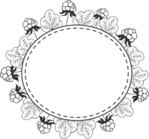 Cloudberry leaves and berries rounded frame, sketch illustration black and white silhouette png