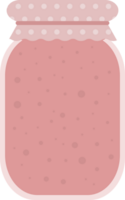 Transparent glass jar with homemade pink jam or juice in flat png