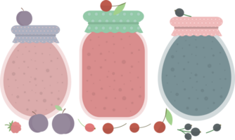 Several jars of homemade preserves standing on a table with fruits and berries in flat png