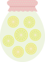 Transparent glass jar with sliced lemons in flat png
