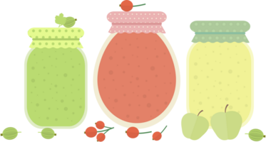 Several jars of homemade jam or juice standing on a table with fruits and berries in flat png