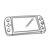 Video game console with switch detachable controllers on both sides and touch screen. Gamepad vector line doodle sketch isolated on white background.