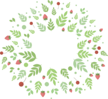 Round frame of strawberries and cherries, green leaves and twigs in flat png