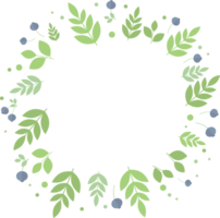 Round frame of blueberries and green leaves and twigs in flat png