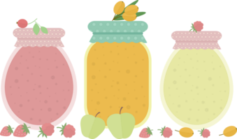 Several jars of homemade jam or juice standing on a table with fruits and berries in flat png