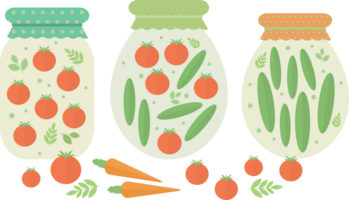 Several jars with homemade pickled cucumbers, tomatoes standing on a table with vegetables in flat png