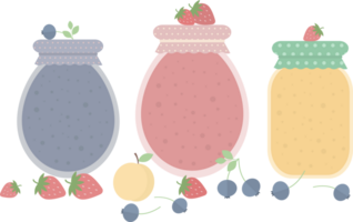 Several jars of homemade jam standing on a table with fruits and berries in flat png