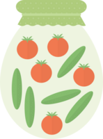 Transparent jar with pickled tomatoes and cucumbers in flat png