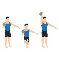 Man doing kettlebell offset reverse lunge and press exercise. vector