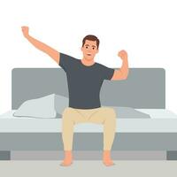 Man stretching in bed after waking up, entering a day happy and relaxed after good night sleep. Sweet dreams, good morning. vector