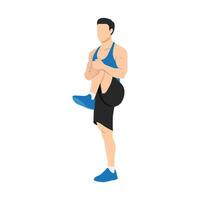 hombre haciendo en pie rodilla abrazos ejercicio. vector