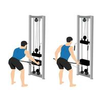 Man doing standing bent over wide reverse grip cable row exercise. vector