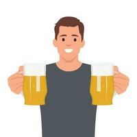 Smiling bartender holding beer.  Offering beer to his friend. vector