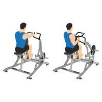 Man doing seated lever machine one arm row exercise. vector