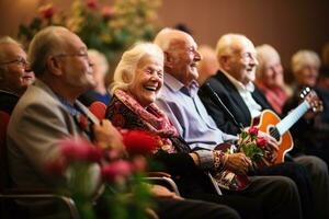 Elderly people at an evening concert in a nursing home, sitting and listening to music, a mood of joy photo