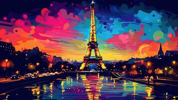 tarjeta postal con noche París, el eiffel torre, río, neón estilo foto