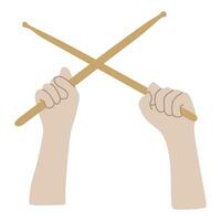 Hands holding Crossed Wooden Drum sticks. Arms with drumsticks Isolated on white background. Front view. Vector illustration in flat and cartoon style. Music Instrument Accessory for Graphic design