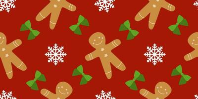 Christmas Seamless pattern with Gingerbread men on red background with Snowflakes and Green bows. Holiday Decoration, textile Template, Wrapping paper, Wallpaper, napkins. New Year cookies, Dessert vector