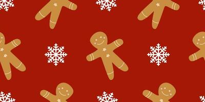 Seamless Christmas pattern with Gingerbread man and snowflake on red background. Holiday colors Vector Background. Flat style illustration, Template for Wrapping paper, Cover, Banner, Card, Decoration