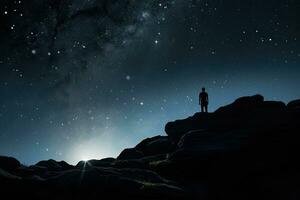 silueta de hombre en pie en parte superior de rock y mirando a noche cielo, silueta de un persona en rocas mirando a el noche cielo con vialla lacteo y Luna en el fondo, ai generado foto