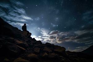 Silhouette of a man sitting on top of a rock and looking at the starry sky, silhouette of a person on rocks looking at the night sky with vialla lacte and moon in the background, AI Generated photo