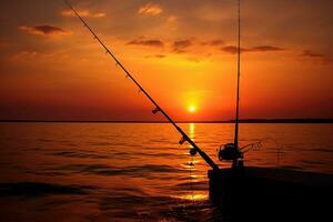 pescar varillas en el antecedentes de un hermosa puesta de sol en el mar, silueta de un abajo aparejo pescar varilla a atardecer, ai generado foto