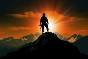 soldado en pie en el parte superior de un montaña. vector ilustración, silueta de soldado en parte superior de el montaña con, ai generado foto