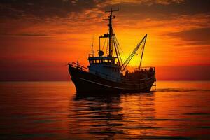 pescar barco en el mar a puesta de sol. 3d prestar, silueta de un mar profundo pescar barco durante atardecer, ai generado foto