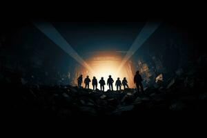 Silhouettes of people standing in a tunnel. 3d rendering, Silhouette of Miners with headlamps entering underground coal mine, AI Generated photo