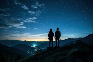Silhouette of couple standing on top of mountain and looking at the starry sky, Silhouette of young couple hiker were standing at the top of the mountain looking, AI Generated photo