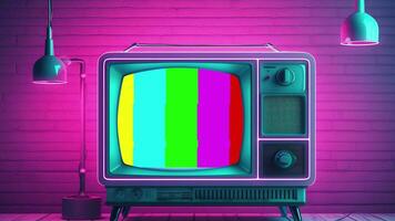 antiguo televisión en rosado azul degradado neón ligero. retro vistoso animado. vídeo plano dibujos animados animación diseño elemento 4k video