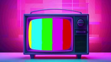 Old tv in pink blue gradient neon light. Retro colorful animated. Video flat cartoon animation design element 4k