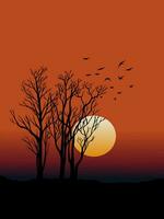 Sunset background with trees in silhouette vector