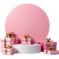 Realistic pink podium with gifts. AI Generative png