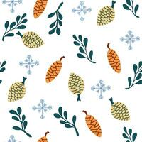 Floral Christmas seamless pattern, green fir branches, and pine cones. Hand drawn elegant fabric design. Winter New year texture for print, wrapping paper, design, fabric, decor, gift. vector