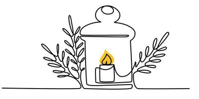 One continuous line drawing of Christmas candle holder. Christmas lantern in silhouette on a white background in simple linear style. Editable stroke. Doodle outline vector illustration