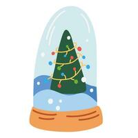 Snow globe with Christmas tree adorned with garland. Decoration Sphere. New year hand draw vector illustration